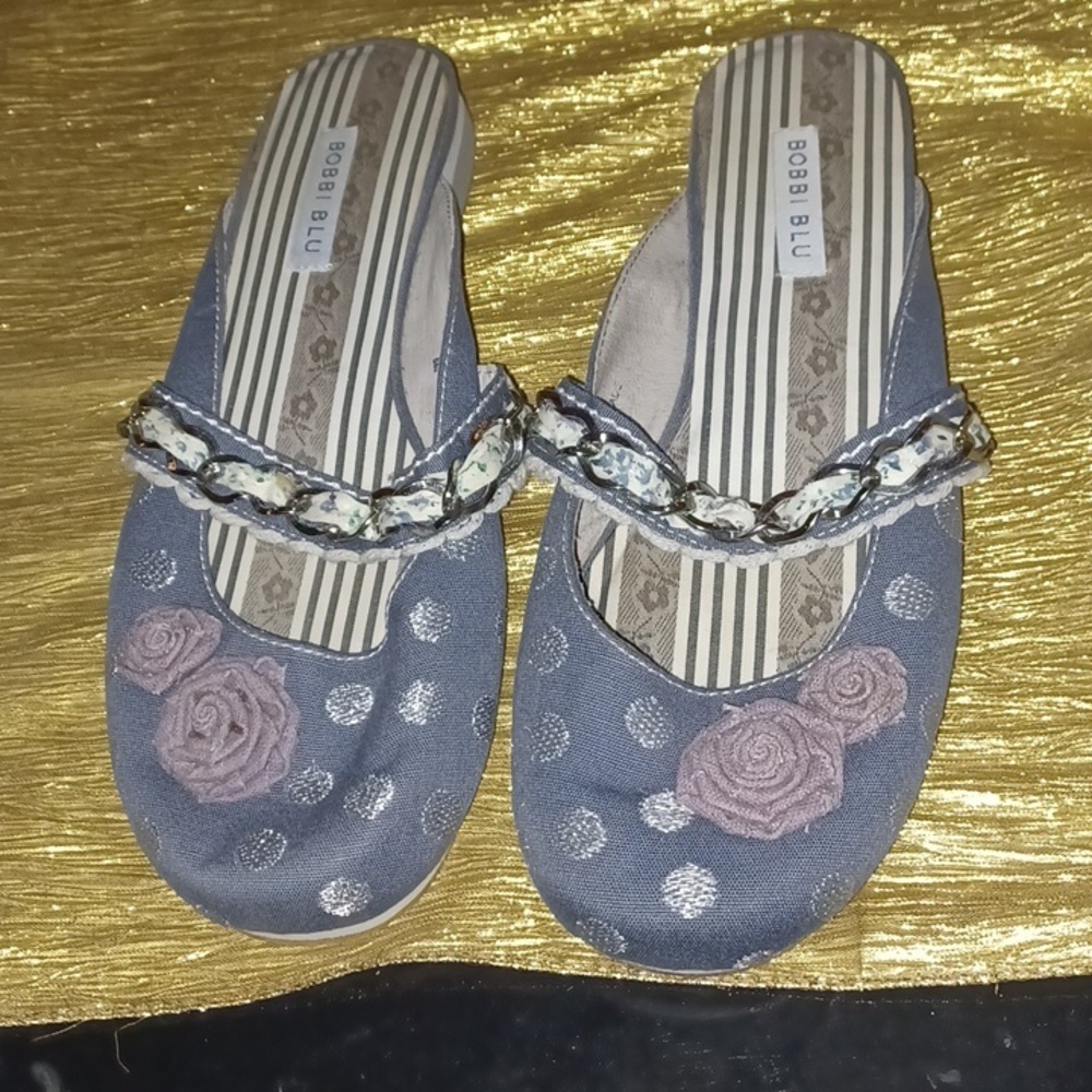 Bobbi Blu Mule Slip On Shoe Women's 8M Blue, Purple Flowers & Silver Dots Rowley